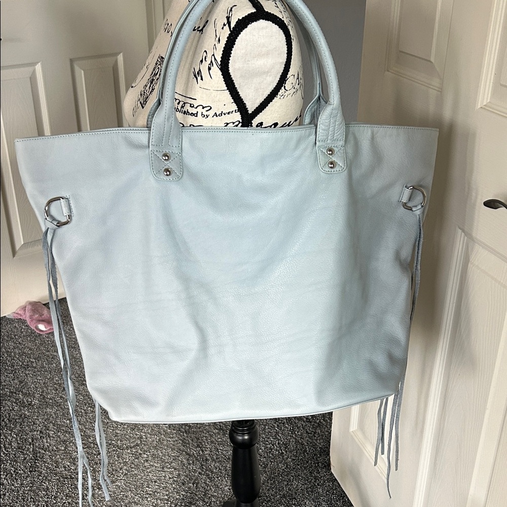Tesse Light Blue Pebbled Leather Fringe Tote Bag‎ Large Handbag Boho Style